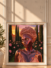 Load image into Gallery viewer, A framed portrait painting of a Black woman with an elaborate beaded hairstyle, set against a garden with pink roses and tall cypress trees at sunset. The painting is housed in a white frame and displayed on a wooden surface against a beige paneled wall with decorative molding.
